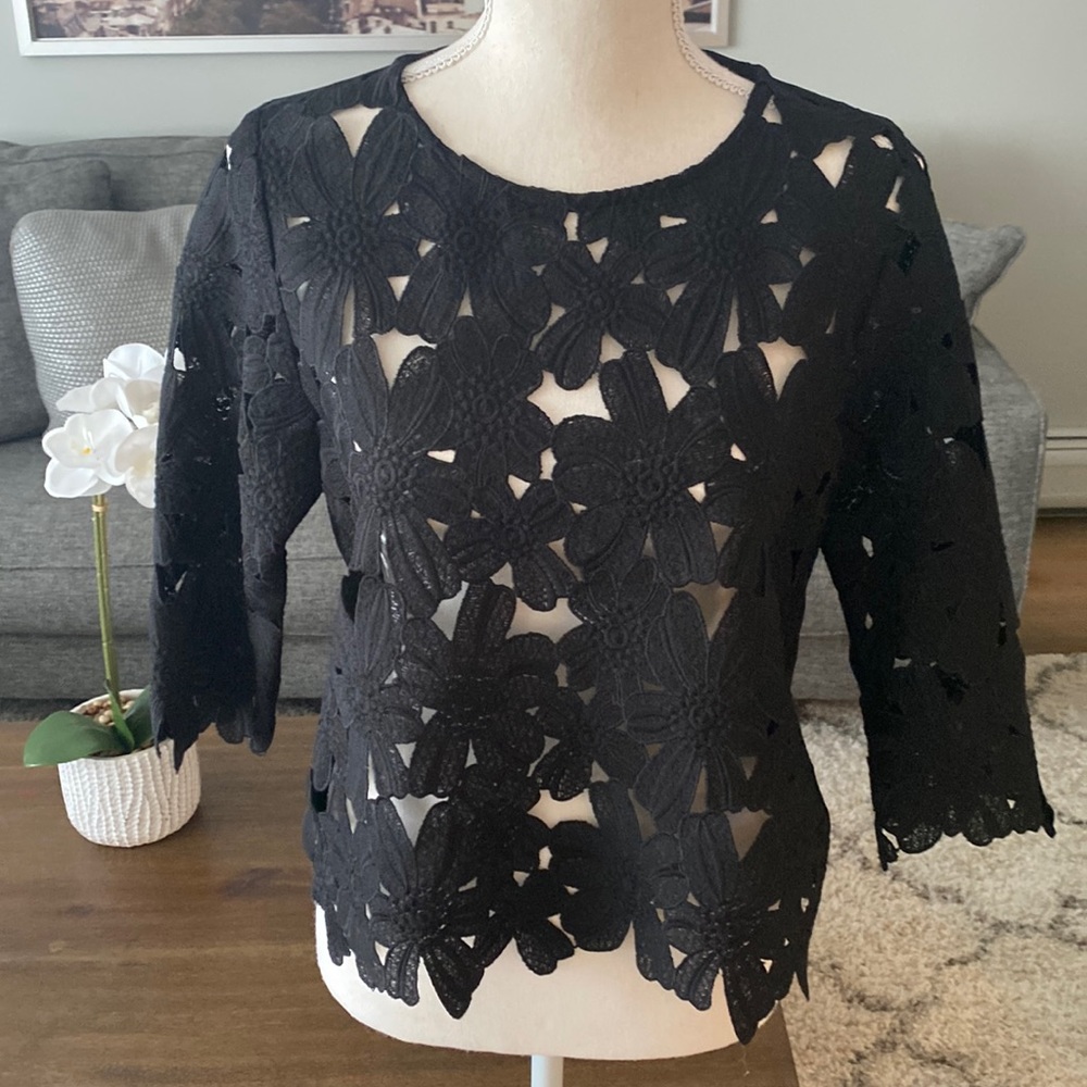 Black Blouse with Floral Cutouts Sz small